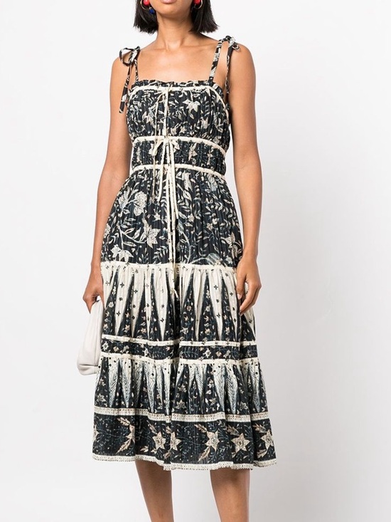 Christian Lacroix Dresses & Skirts - Christian Lacroix Bohemian Navy and Cream Tiered Midi Dress with Tie Details